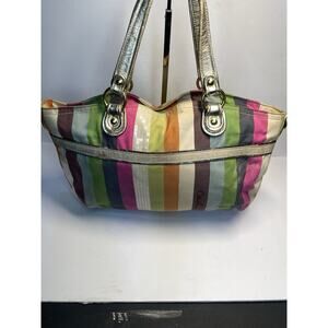 Coach Multicolor Striped Tote Bag – Metallic Gold Handles, Canvas Shoulder Purse